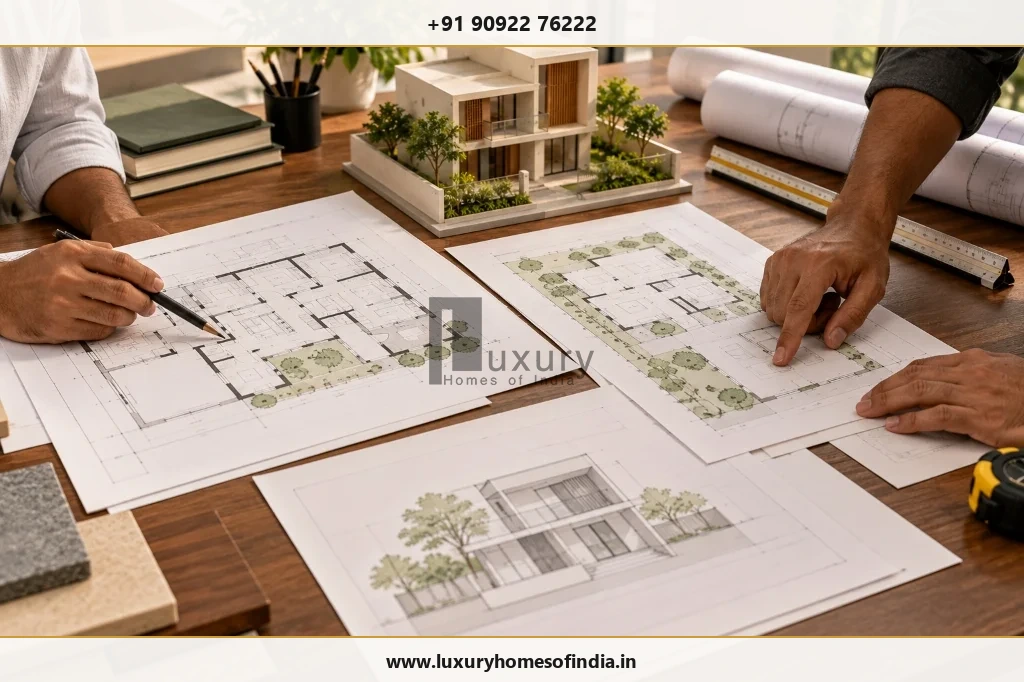 Architect and engineer comparing approved floor plan drawings with measured as-built construction at a residential project site