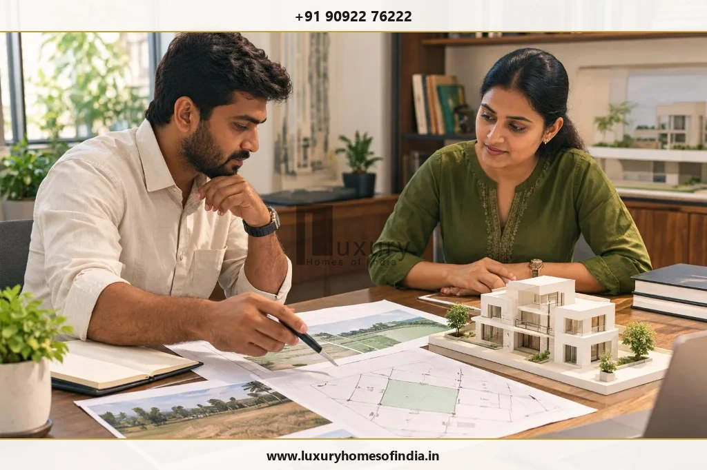 Architect reviewing residential plot survey, site photographs and three-dimensional massing model with client
