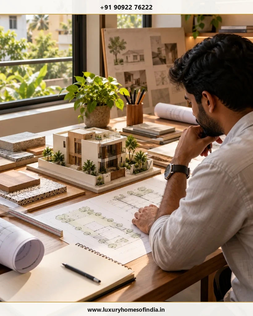 An architect reviewing a residential site plan and a preliminary house design at a studio table