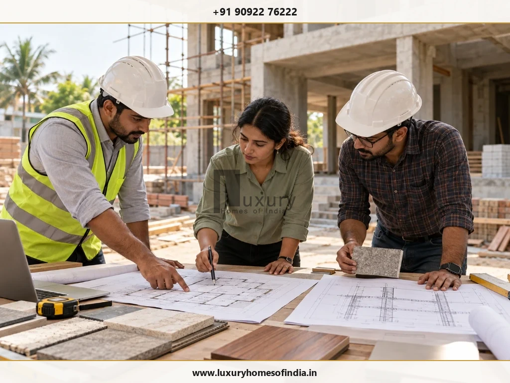 Architect, structural engineer and construction manager reviewing coordinated residential drawings on a construction site table with laptop and tools
