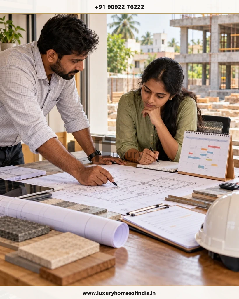 Architect and homeowner reviewing construction schedule calendar and floor plans in a site office