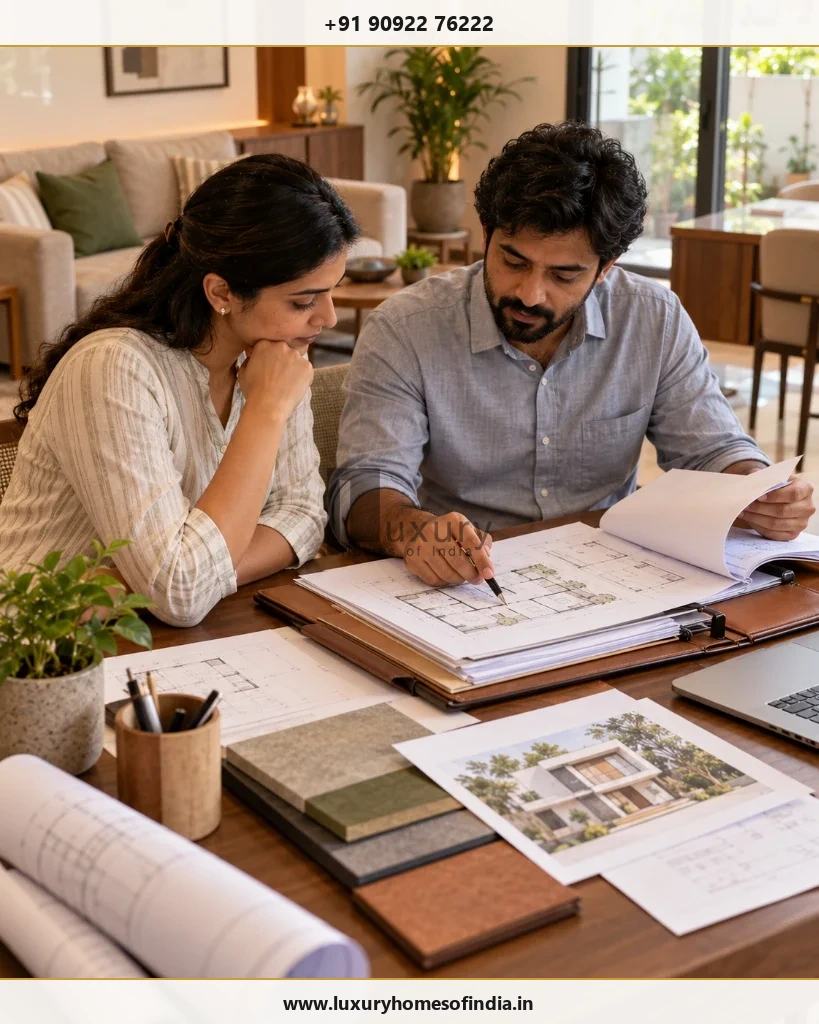 Homeowner and registered architect reviewing sanctioned drawings and the applicable building-rule documents