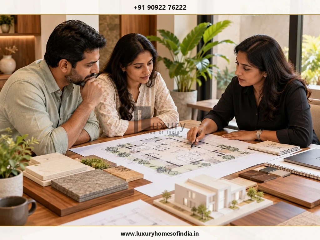 Architect and homeowner reviewing a coordinated residential layout plan and architectural scale model