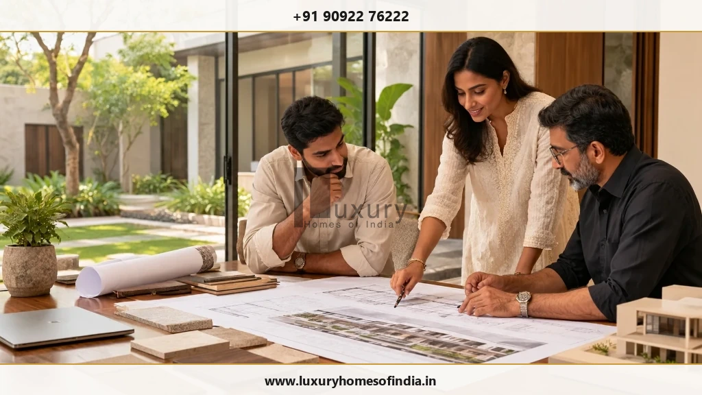 Homeowner, architect and construction professional reviewing a bespoke Indian luxury home design and architectural model.