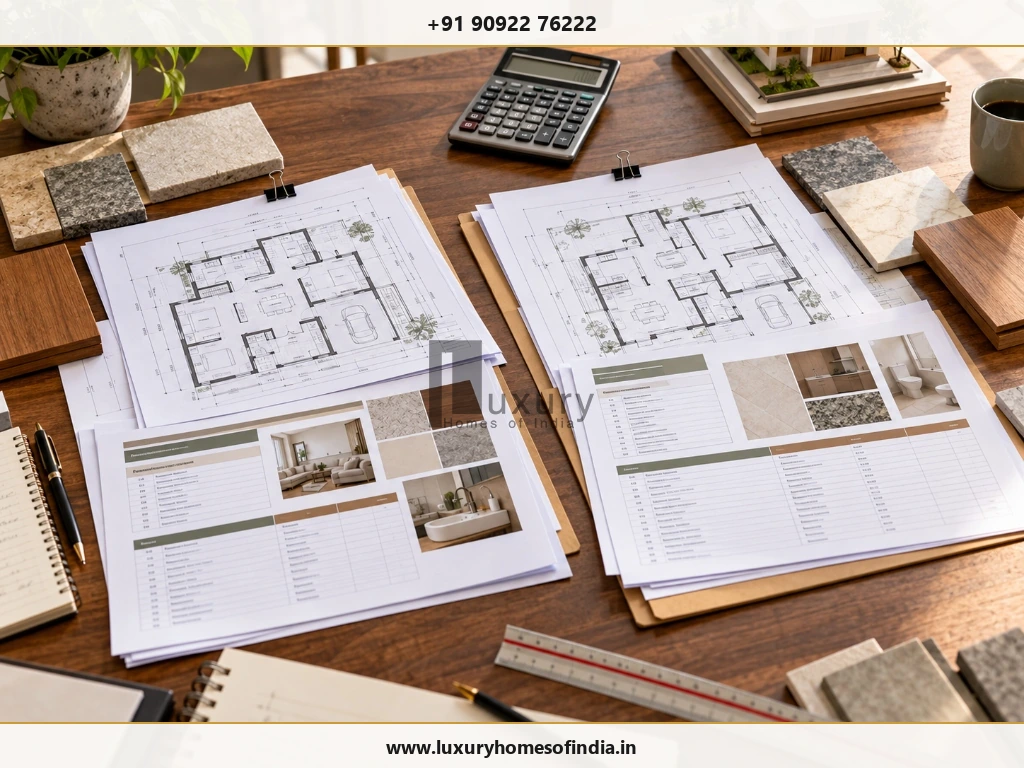 Architectural floor plans, cost calculation sheets, model house, and material swatches for built-up area estimation.