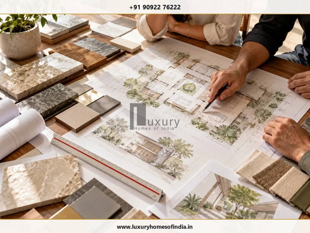 Architectural floor plans, elevation studies, material swatches, and finish specifications arranged for a luxury villa design review.