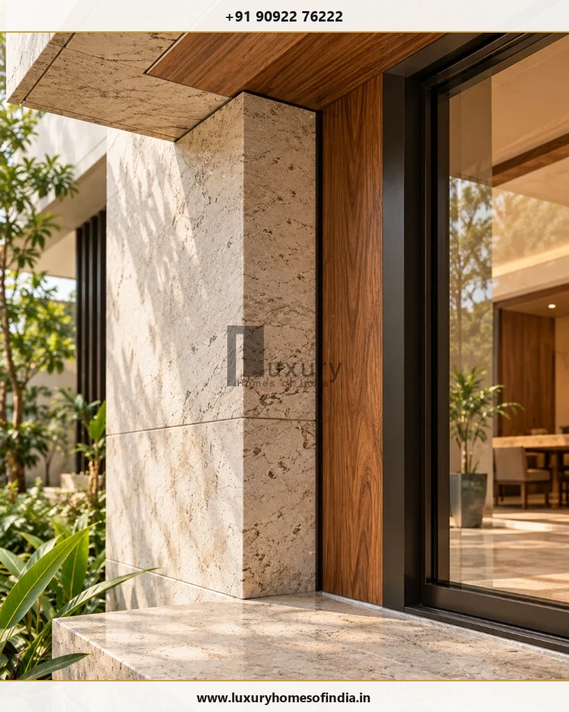 Close architectural study of stone cladding, timber soffit, glazing and precision junctions in a contemporary Indian residence