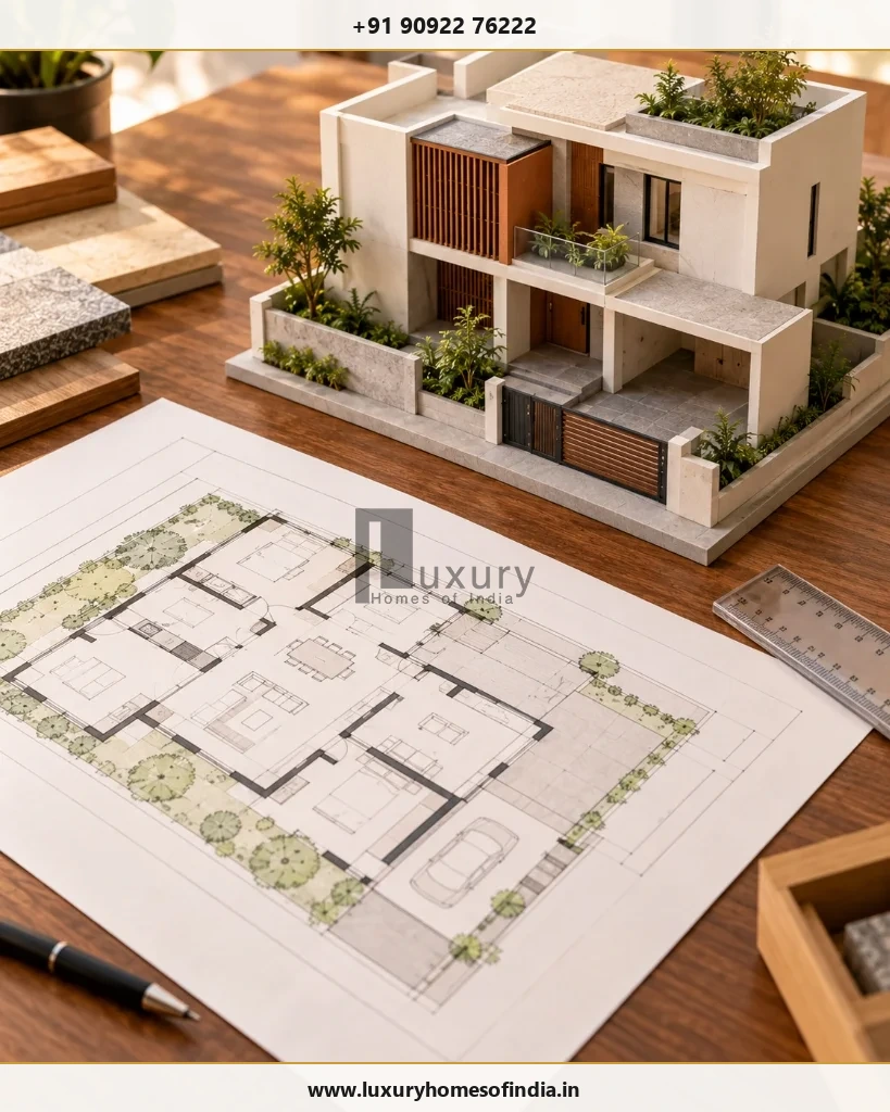 Photorealistic architectural review scene showing physical scale model and approved drawing sheets