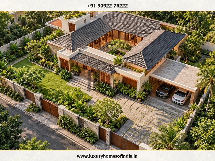 Architectural aerial view showing villa footprint within plot boundaries with garden driveway and open courtyard