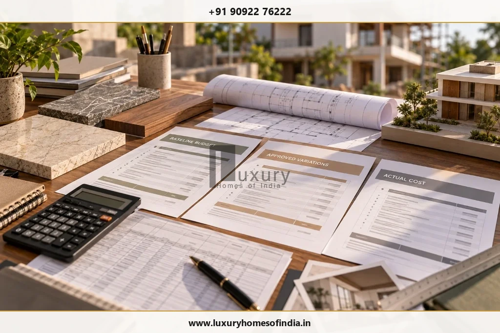 Annotated residential budget review comparing baseline budget, approved variations, and actual cost documents with calculator
