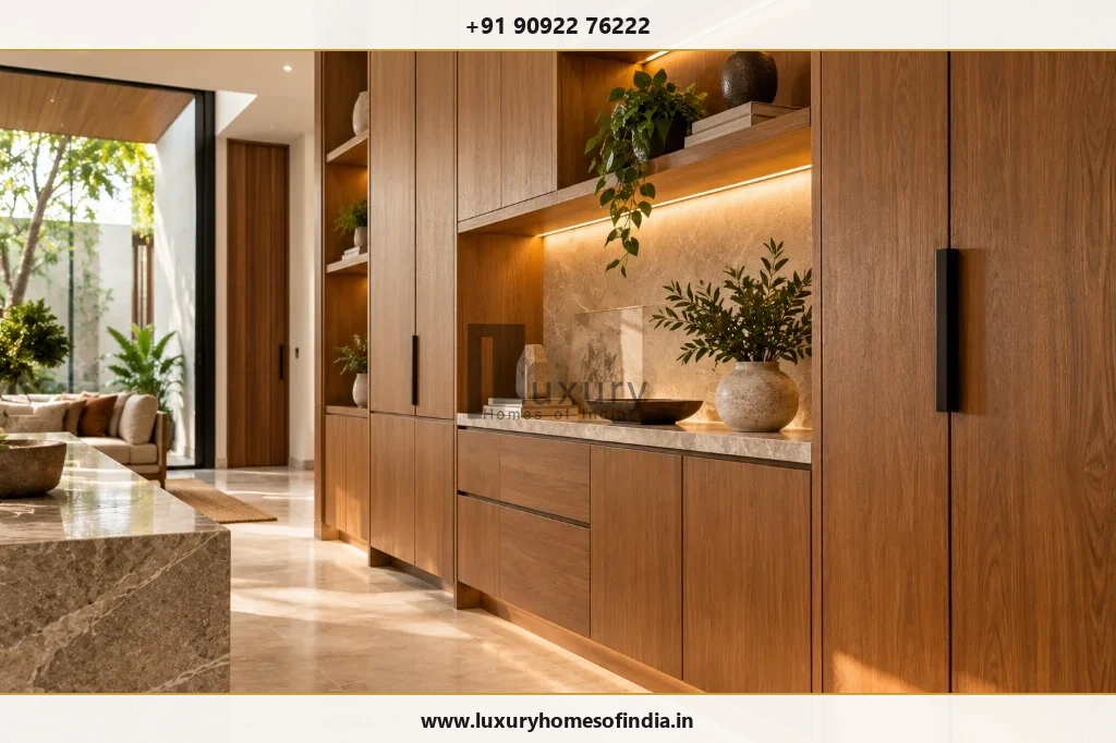 Master craftsman installing bespoke wooden cabinetry and wall paneling in a luxury Chennai villa interior