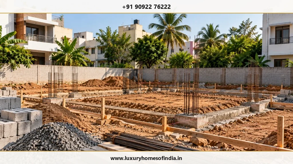 Chennai residential construction site prepared for house building with foundation trenches and rebar