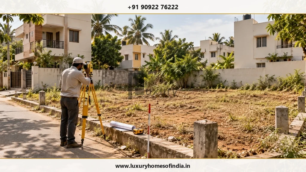 Chennai residential plot with a surveyor checking boundaries before construction