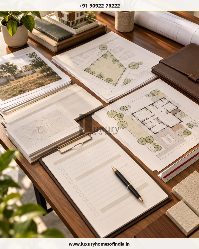 Complete documentation binder: Title deeds, revenue patta, FMB sketches, and architectural sheets arranged for online submission