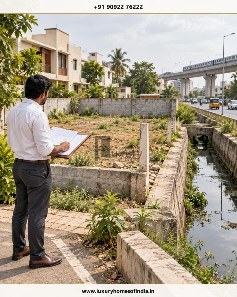 Architect reviewing surveyed Chennai residential plot near drainage channel and metro infrastructure with proposed building site plan