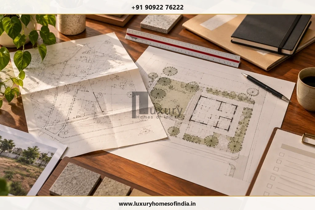 Photorealistic view of organised property records, survey information and a measured architectural site drawing