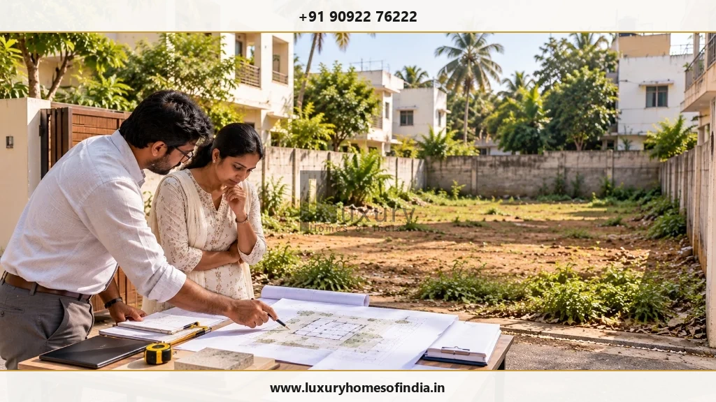 Chennai residential plot with an architect reviewing a proposed house plan