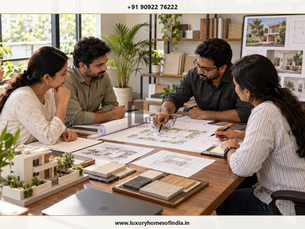 Architect, structural engineer and homeowner reviewing an approved residential drawing set at a design table
