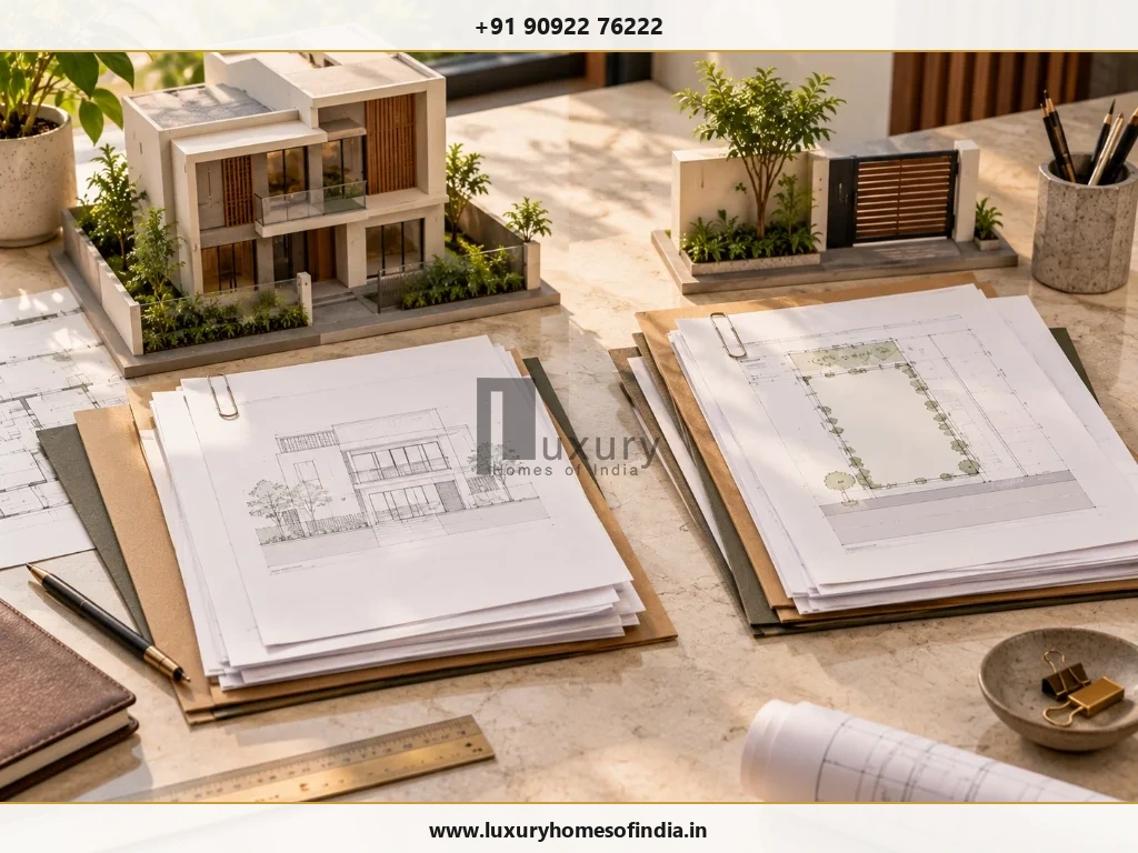 Two distinct document-review settings showing completion records and occupation approval files with architectural scale model