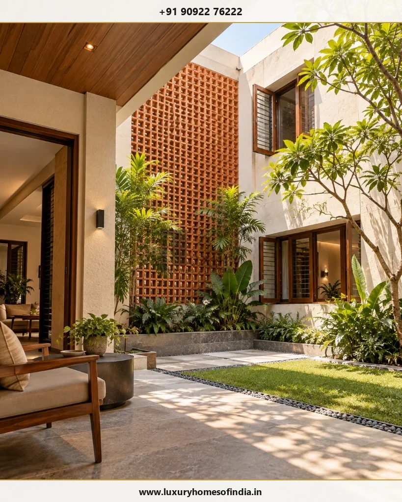 Shaded residential courtyard with carefully positioned openings and weather-appropriate materials