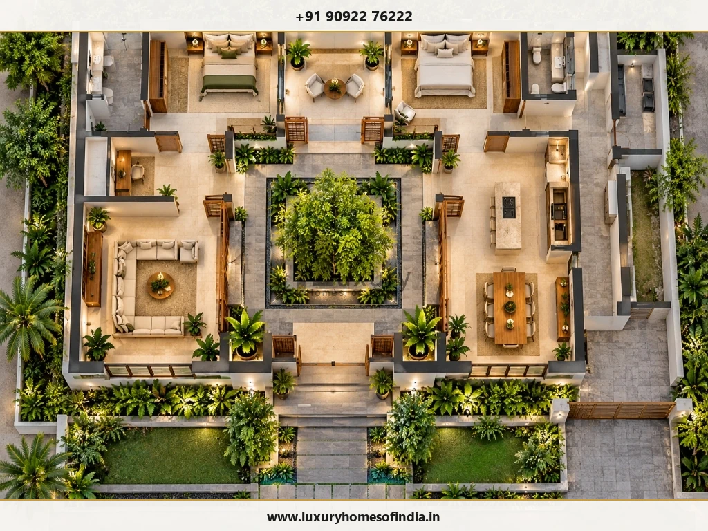 Courtyard relationship with living, dining, bedrooms and circulation in a Chennai residence