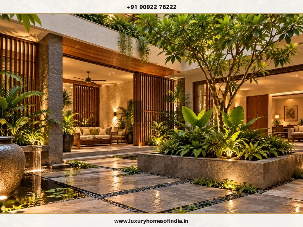 South Indian courtyard with restrained stone, textured plaster, timber-toned screens and tropical planting