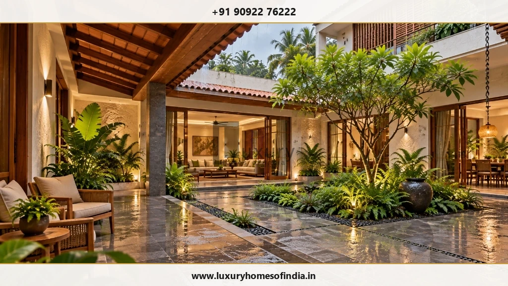 South Indian contemporary villa showing shaded openings, rain-conscious detailing and integrated planting