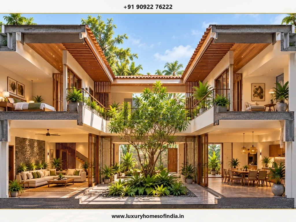 Vertical relationship between courtyard, ground-floor rooms and upper-floor spaces
