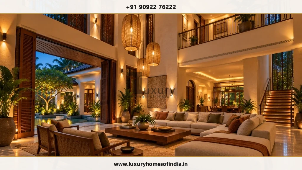 South Indian contemporary living room using shaded tall openings and controlled daylight