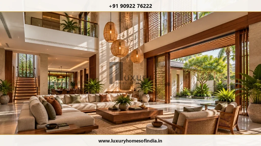 Heritage-contemporary South Indian living room using layered lighting and woven pendant lamps