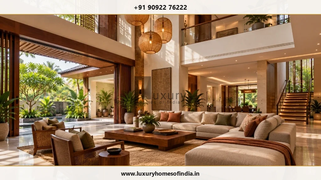 South Indian residence interior showing timber louvers, granite flooring, and high-level window access