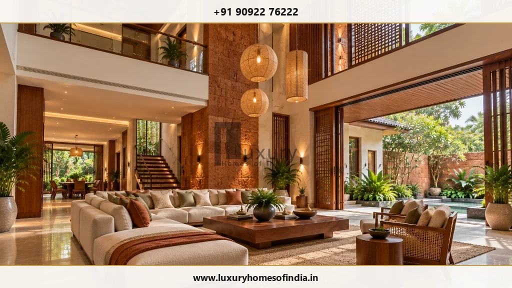 South Indian villa living room showing upper mezzanine gallery and laterite feature wall