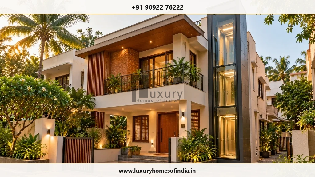 Compact Chennai duplex with a discreet external elevator enclosure integrated into the architecture