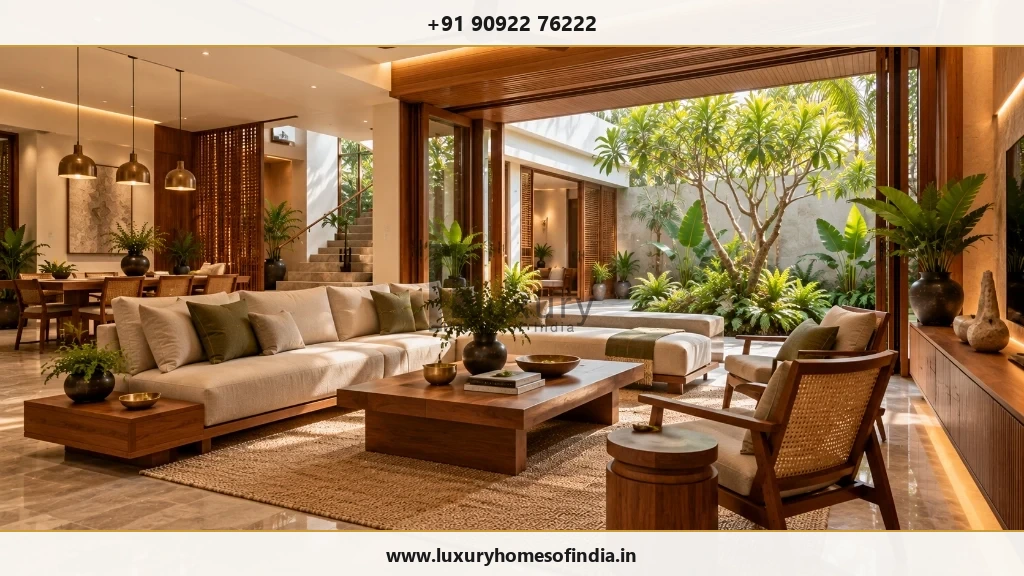 South Indian home interior showing sectional sofa, coffee table, open sliding doors to courtyard garden, and natural daylighting
