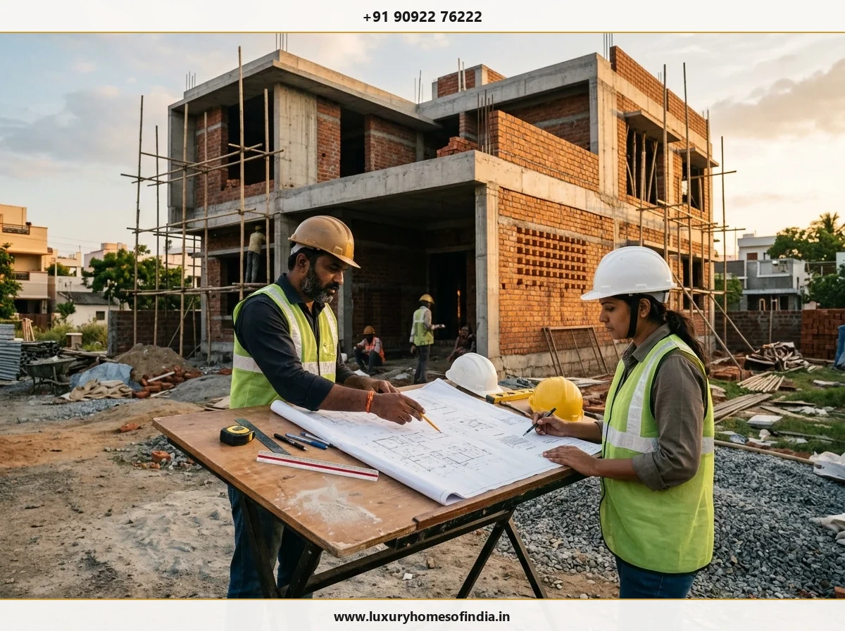 Site professionals reviewing drawings during Chennai home construction