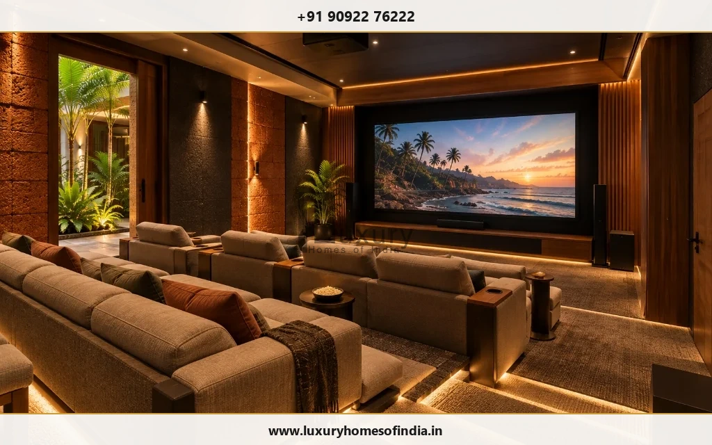 Tiered seating cinema room with dark acoustic panels and warm architectural lighting