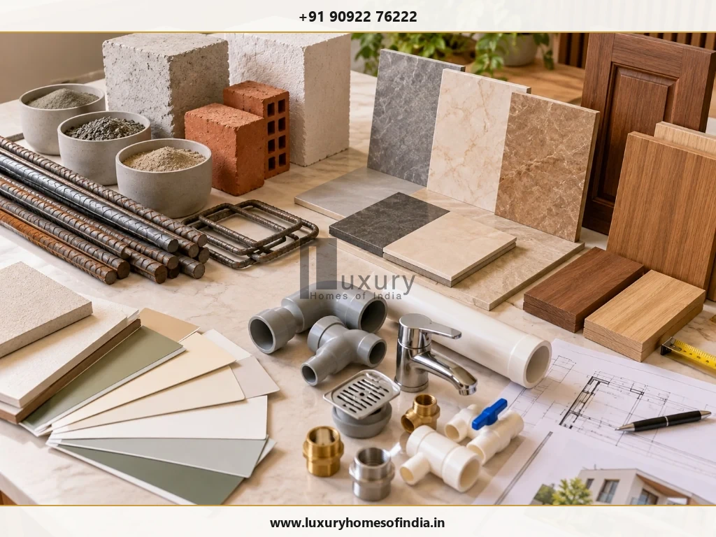 Three clearly differentiated material and finish boards showing the types of specification choices a homeowner should compare
