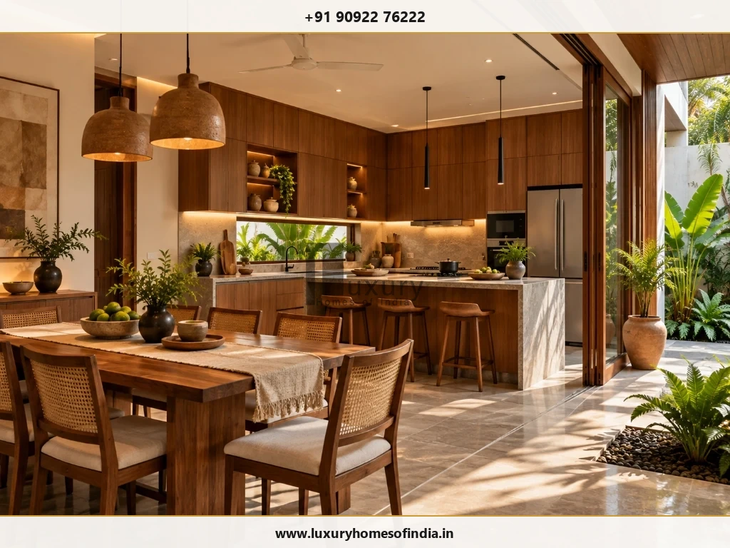 South Indian contemporary dining and kitchen space showing solid wood dining table, marble island, and coordinated lighting