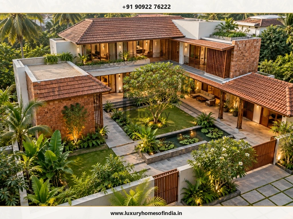 Kerala-influenced South Indian courtyard residence shown with site access, landscape and building relationship