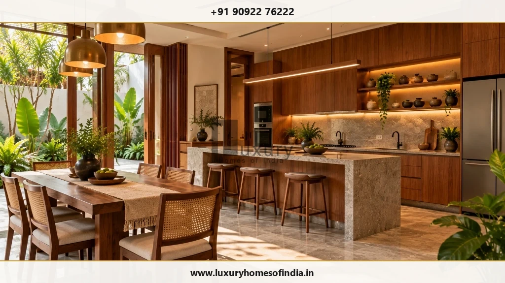 Installed kitchen and dining interface showing coordinated cabinetry, countertop, lighting and service planning in Chennai villa