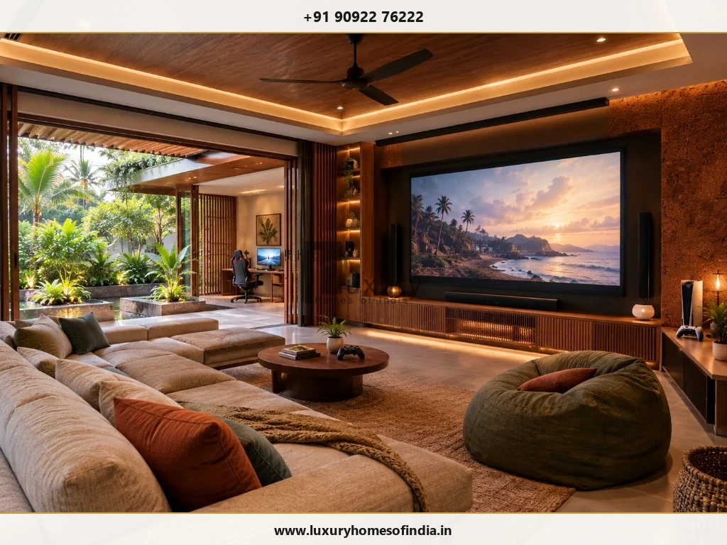 Flexible South Indian entertainment room with cinema, gaming and family-use zones