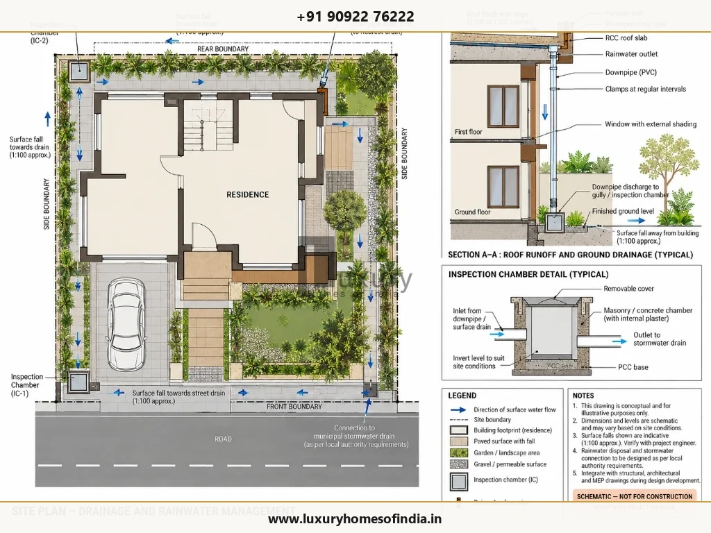 Site plan diagram showing rainwater drainage, inspection chambers, roof runoff, and soak pit details