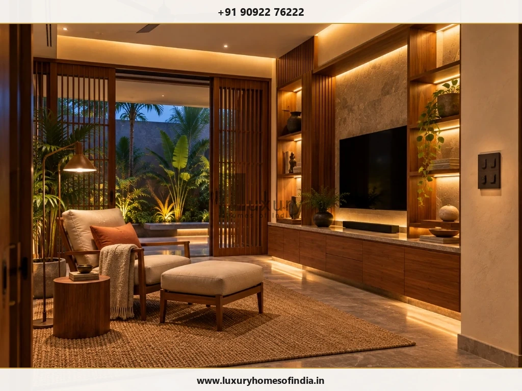 South Indian contemporary residence with discreet lighting controls, automated switch panel, custom teak media console, reading chair, and open sliding doors to courtyard garden at night