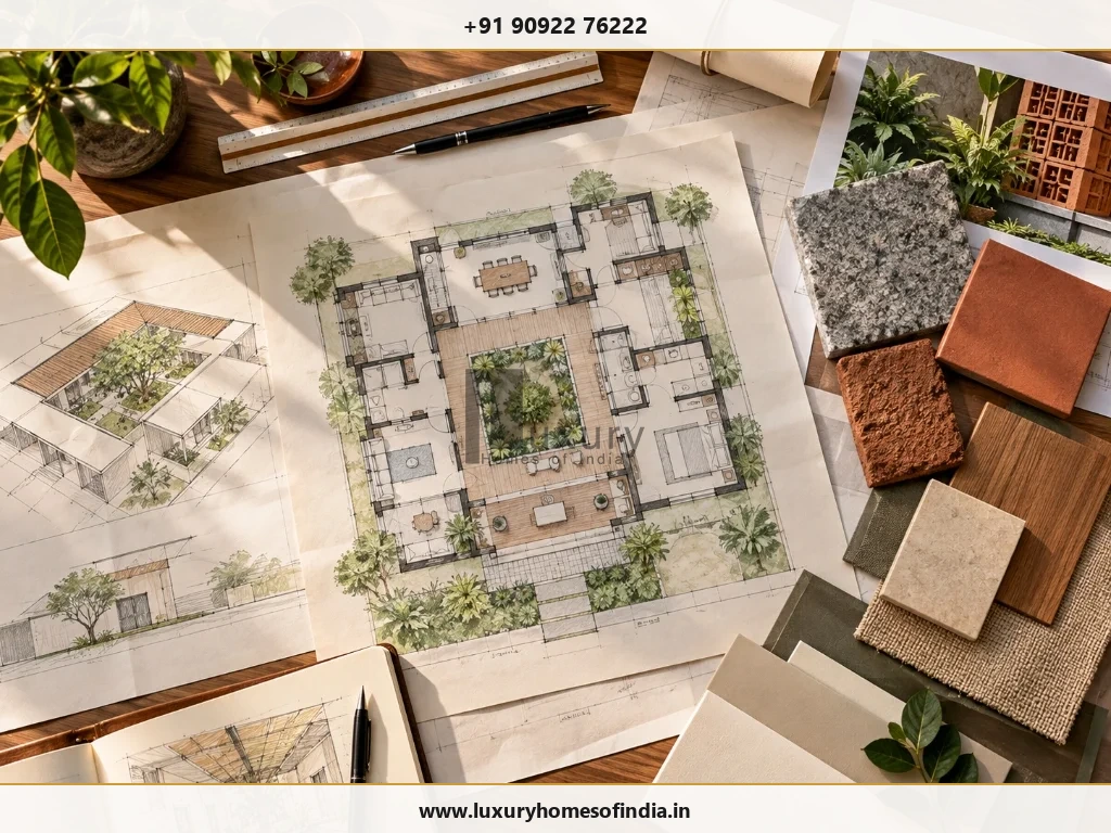 Chennai residential architecture planning blueprints and material swatches