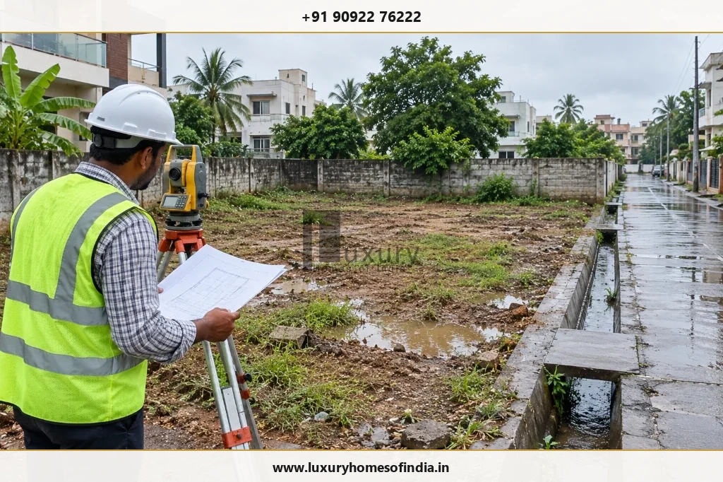 Civil engineer surveying an open residential plot in Chennai with total station illustrating drainage and site planning questions