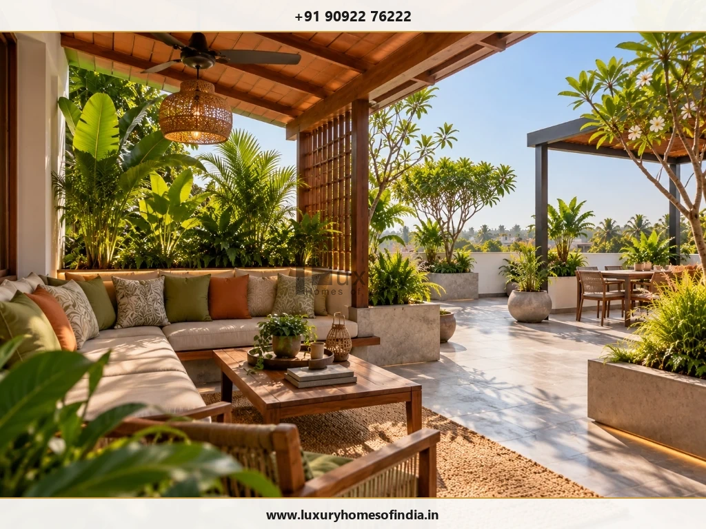 South Indian rooftop garden retreat with lightweight planting zones, shaded seating and service access