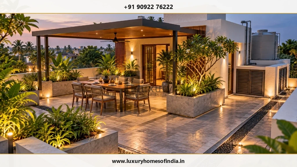 Chennai terrace showing coordinated drainage, shaded dining and durable South Indian material palette