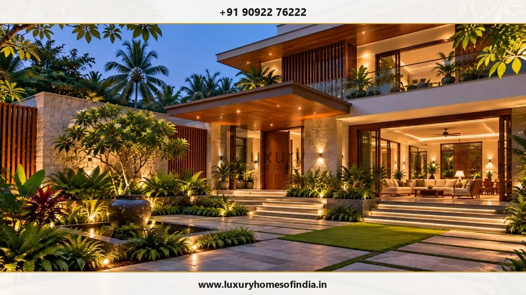 Refined Chennai villa living room with discreet controls and technology integrated into the interior