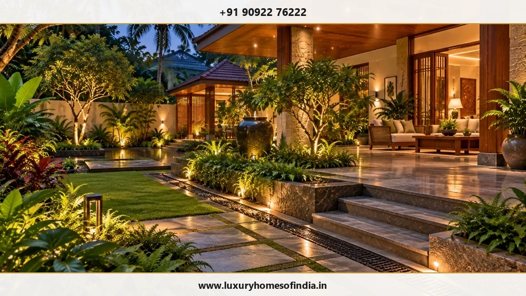 Premium South Indian villa garden showing coordinated paving, planting, and drainage detailing