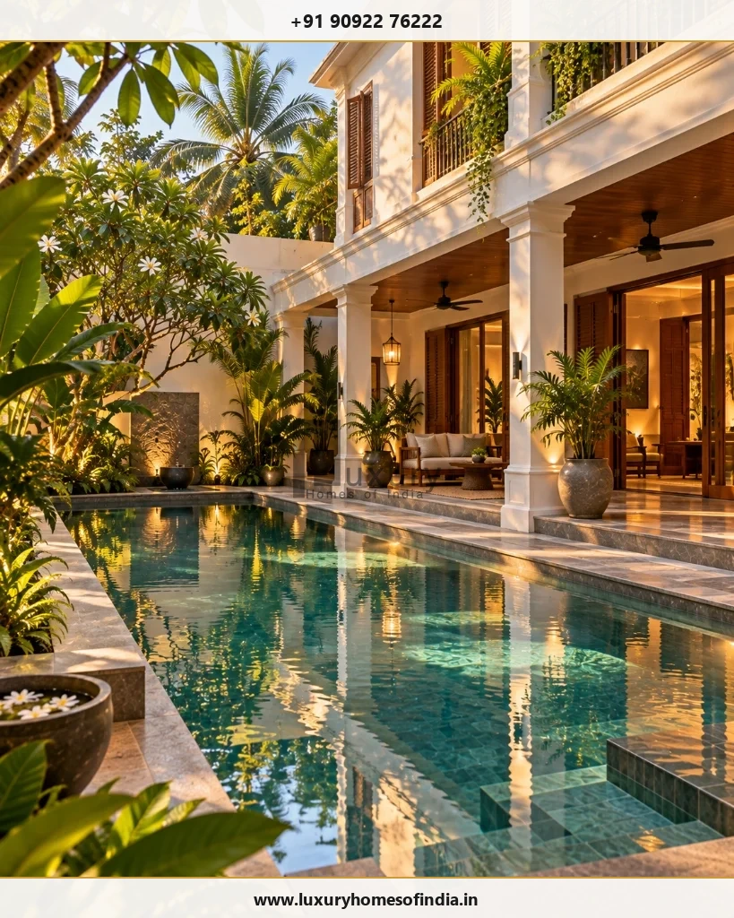 Chennai luxury villa lap pool with covered veranda and seamless indoor-outdoor stone flooring transition